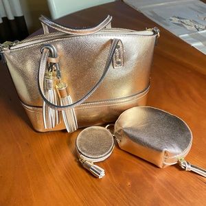 NWOT Merano rose gold handbag and matching mini zip bag and key chain coin purse